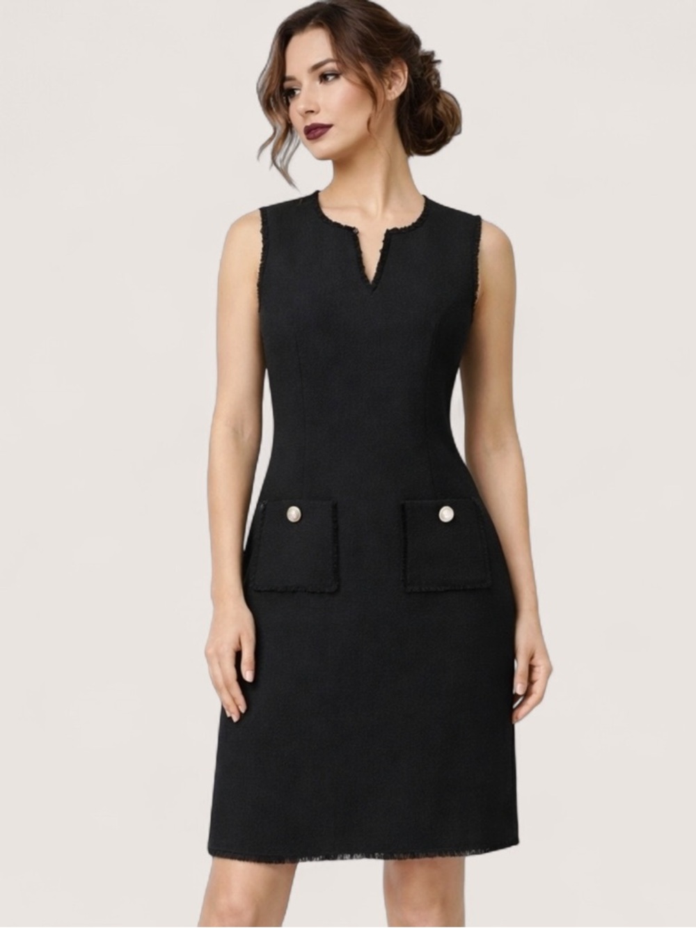 NWT Karl Lagerfeld Paris Sleeveless Black Tweed Shift Dress Pearl Accent Size 6